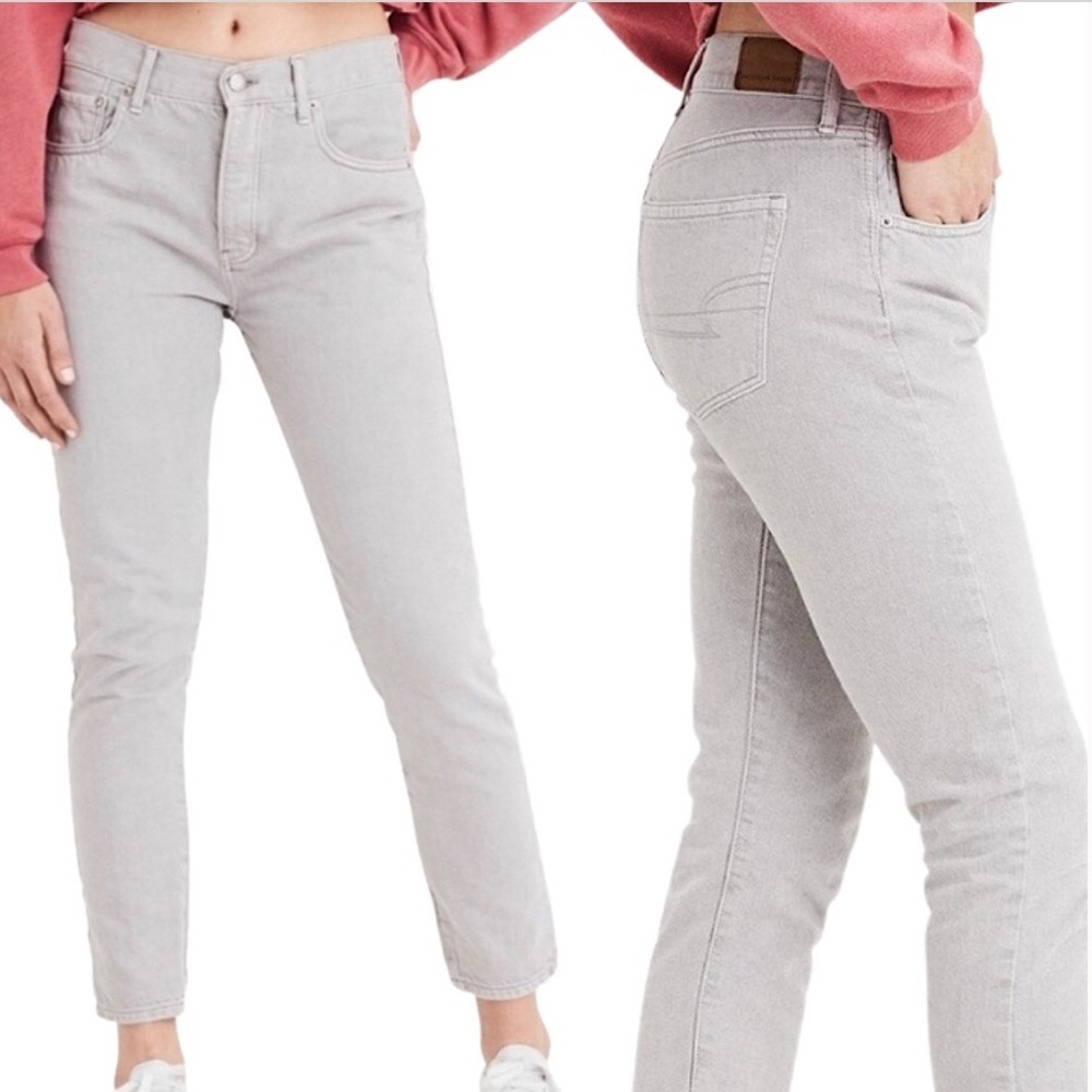 American Eagle Women 16 SHORT Light Grey Button Fly Hi-Rise Girlfriend Jeans